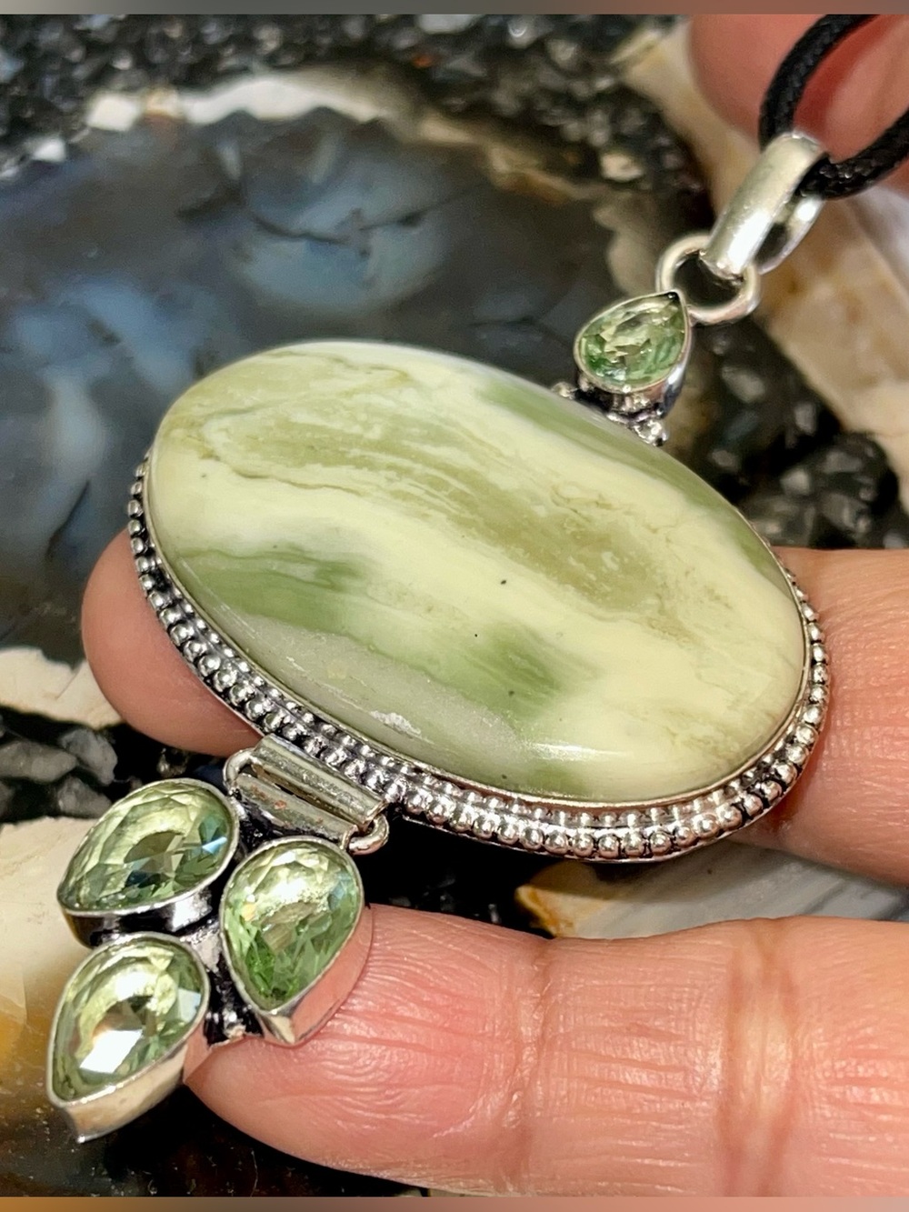 Large Petrified Wood Gary Green Larsonite Pendant 3 1/4”